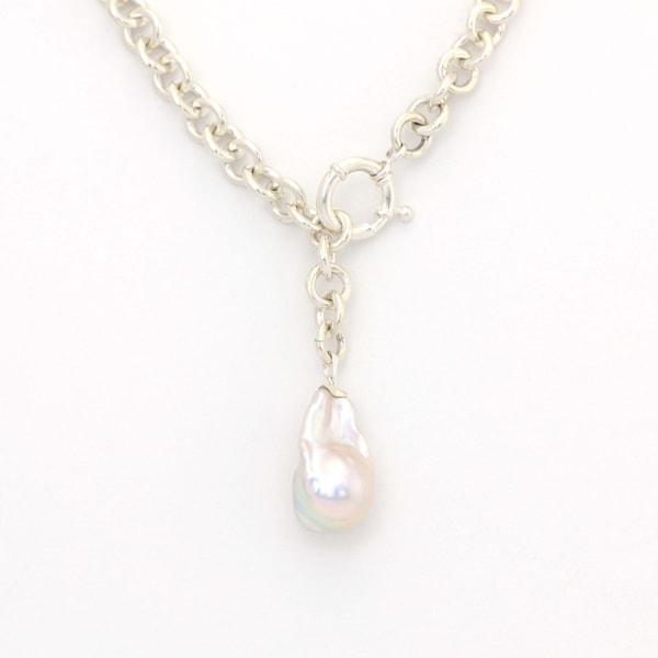 Pearl Baroque on Handmade Round-Link Sterling Silver 20" Chain. Natural, Lustrous ,Bold Beautiful Natural 1"x1/2" Pearl, Chain is 1/4" Thick