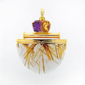 Quartz Rutilated Smokey & Ametrin mit Diamant besetztenEnhancer handgefertigt in 14K, handgeschnitzter OOAK