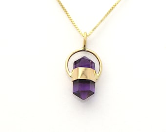 Amethyst Natural Itty Bitty Spiritual Crystal Pendant Surrounded in 14K Solid Yellow Gold Handmade Angelic Charm