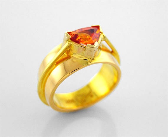 Garnet Statement Ring in Premium 18K Yellow Gold Substantial Orange Trillion Cut Garnet
