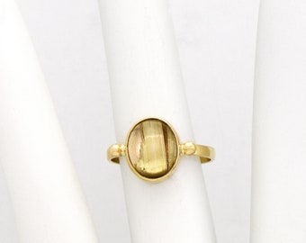 Quartz Rutilated Golden "Cat's Eye Cabochon " Ring Set in Solid 14K Gold Handcrafted Small Natural Shimmering Rock Crystal