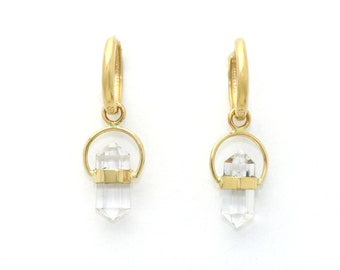 Clear Quartz Crystal Earrings Wrapped in 14K Yellow Gold To Make You Smile, Graceful Natural Points