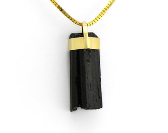 Black Tourmaline Large Bold Uncut Stone Pendant set in Thick Solid 14K Yellow Gold  Handcrafted,  Massive Grounding Protector Talisman