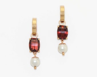 Garnets of Fiery Red Facets and Lustrous White Cultured Pearl Huggie Earrings Handmade in Solid 14K 1 1/4" Dangles