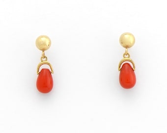 Coral Droplets suspended from 14K Gold Ball Post Studs Natural Elegant Chic Earrings For a Minimal Yet Pop Of Color Vibe.