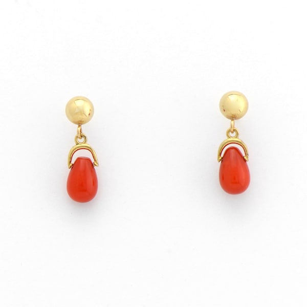 Coral Droplets suspended from 14K Gold Ball Post Studs Natural Elegant Chic Earrings For a Minimal Yet Pop Of Color Vibe.