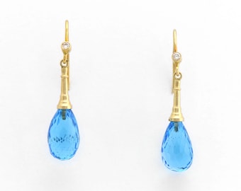 Topaz Blue 'Briolettes' with Diamonds Dangling Earrings in Handcrafted Solid 14K Yellow Gold. Beautiful Cote d’Azur Hued Sparkles!