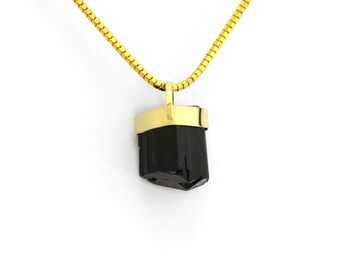 Tourmaline Black Chunky Bold Uncut Stone Pendant set in Solid 14K Gold Handmade Metaphysically Grounding Protector Charm