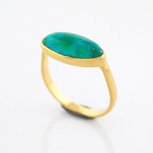 Turquoise Ring 14K Gold Ring Elongated Oval Turquoise Cabochon Ring 14K Yellow Gold December Birthstone Handmade Ring Bisbee Green Turquoise