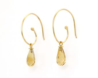 Citrine Briolette Drops on Spiraled 14K Gold Ear Wires Sweet and Sparkly Golden Go-To Earrings 1 1/4 inches Long, Handmade and  So Unique