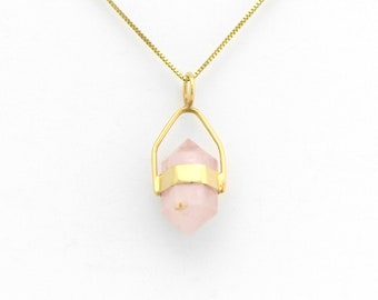 Rose Quartz Crystal Pendant set in 14K Solid Gold,  A Spiritual, Love Inducing Mystical Handmade Charm!