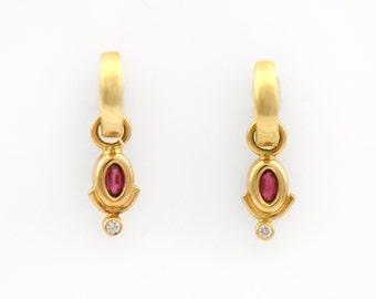 Ruby and Diamonds on 14K Removable Hoops in the Unique Art Deco Style