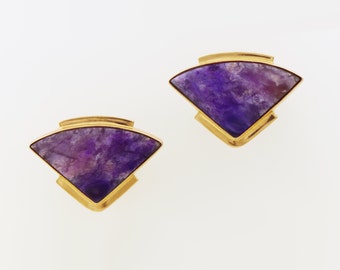 Sugilite Fans in 14K Yellow Gold, Marvelous and Vibrant Purple Earrings