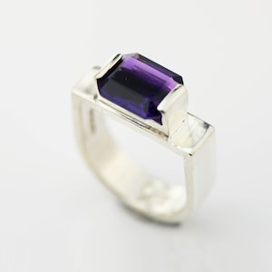 Amethyst Emerald Cut Sterling Silver Ring Architectural Deco Stirrup Design