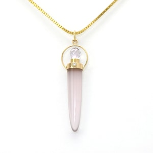 Rose Quartz, Conflict-free Diamond and Fleur De France Amethyst Briolette Crowned OOAK Handmade Talisman in 14K Solid Gold, Luminous Pink