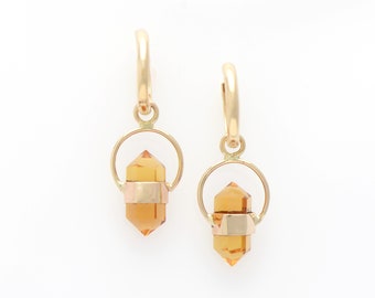 Citrine Crystal Quartz Earrings on Huggy Hoops Solid 14K Yellow Gold Warm Golden Glowing Dangle Earrings Handmade and so Unique