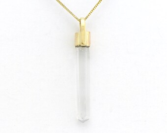 Quartz Crystal Saber Pendant set in 14k Solid Gold Spiritual Amulet for Soul and Spirit So Clear and Full of Sparkle