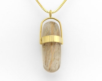 Rutilated Quartz Shiva Lingam Pendant in 14K Gold Incredibly Powerful Natural Handmade Meditation Energy Jewelry