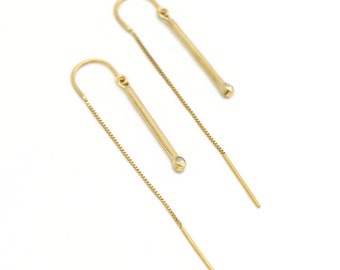 Elegant Minimalist 14K Solid Gold 'Baton' Dangle Threader Earrings with Sparkling Little 2mm Genuine Conflict Free Diamonds Handmade!