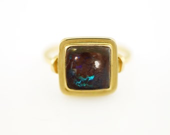 Opal Ring in 14K Yellow Gold Blue Flash Boulder Opal Ring Fine Handmade Jewelry