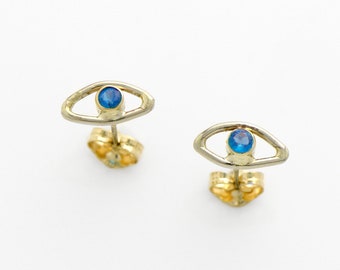Apatite Teal Eye of God Studs in 14K White and Yellow Gold, Modern Surrealist Peepers