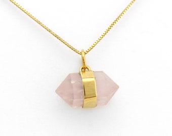 Rose Quartz Crystal Pendant set in 14K Solid Gold Spiritual and Mystical Handmade Charm