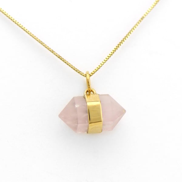 Rose Quartz Crystal Pendant set in 14K Solid Gold Spiritual and Mystical Handmade Charm