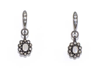 Moonstones with Diamonds Floral Earrings Oxidized Sterling Silver Striking Handmade Jewelry, Magical Glowing Gemstone