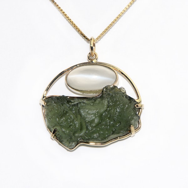 Moldavite From an Asteroid Impact and Dreamy White Moonstone Pendant Set in 14k Solid Yellow Gold OOAK Magical, Spiritual Amulet