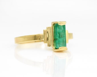 Emerald Crystal Ring Art Deco Inspired Natural Uncut Emerald in 14K Solid Gold Setting Handmade OOAK