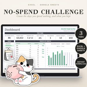 Könnte beinhalten: Ein digitaler No-Spend Challenge Tracker für Excel und Google Sheets auf einem Laptop-Bildschirm. Das Dashboard zeigt monatliche Spar-Daten, ein Balkendiagramm und eine Comic-Katze mit einem rosa Sparschwein. Text: 3 TABS, EXCEL + GOOGLE SHEETS, INSTANT DOWNLOAD.