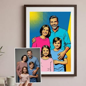 May include: A framed pop art style portrait of a family of four, with a vibrant blue and yellow background. A smaller photograph of the same family is held in front of the larger artwork. The family members are smiling.
