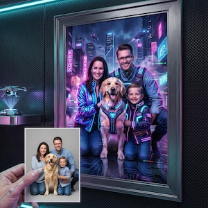 May include: A framed family portrait with a futuristic cityscape backdrop. The portrait features a family with a dog, and a smaller photo of the same family is held in front. The scene is illuminated with neon lights.