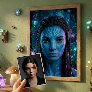 May include: A framed portrait of a blue-skinned Na'vi character from the movie Avatar, with a smaller photo of a woman in a black jacket held in front. The background features decorative wall art, including glowing mushrooms and crystals, set against a green wall.