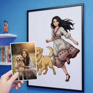 Può includere: Una stampa incorniciata con una donna in un abito fantasia con un cane golden retriever. Una foto più piccola di una donna e di un golden retriever è tenuta davanti alla stampa. Lo sfondo è una parete blu con oggetti decorativi.