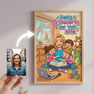 Erzieherin mit Herz im modernen Vector Design. Personalisiertes Bild als besonderes Erzieherin Geschenk zum Abschied aus Kita.