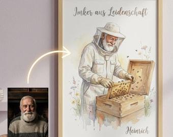 Beekeeping gifts based on a photo - Personalized picture in watercolor style. An elegant gift for beekeepers for birthdays or anniversaries.