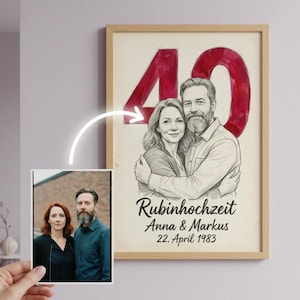 Può includere: Una stampa incorniciata con una coppia che si abbraccia, il numero 40 in rosso sopra di loro. Il testo "Rubinhochzeit Anna & Markus 22. April 1983" è sotto. Una foto più piccola della coppia è tenuta davanti.