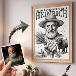 Regalo personalizado para agricultores a partir de una foto. Dibujo clásico a lápiz de ganado y grano como regalo para agricultores. Regalos para agricultores