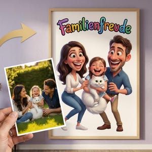 Könnte beinhalten: Gerahmte Cartoon-Illustration einer vierköpfigen Familie, einschließlich einer Katze, mit dem deutschen Text "Familienfreude" in bunten Buchstaben. Ein kleineres Foto der Familie wird vor der Illustration gehalten.