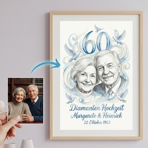 以下が含まれることがあります： 60周年を祝う額入りの水彩画プリント。笑顔の老夫婦の肖像画、鳩、青色の数字60が特徴です。「Diamanten Hochzeit Margarete & Heinrich 22. Oktober 1963」と書かれています。