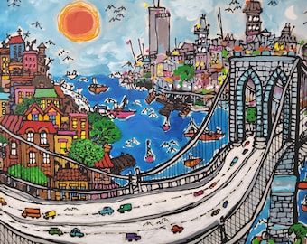 Vintage 1979 Mid Century Modern Brooklyn Bridge Acrylic Cityscape Painting by Edward Sokol