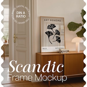 垂直オークフレームのモックアップ：インテリアモックアップシーン - スカンジナビアスタイル（PSDおよびJPG） - DIN A