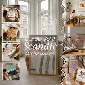 May include: A digital mockup bundle featuring 23 frames with various art prints, including illustrations of people, plants, and a black cat. The collection displays multiple scenes of framed artwork in interior settings, labeled Bundle Vol 2 Scandic.