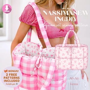 May include: A pink gingham fabric tote bag with a matching strap and a floral print lining. The image also features a pink and white gingham pajama set and a drawing of a tote bag with a floral print. Text on the image says "NASSIMASEW" and "Pajama set sewing pattern."