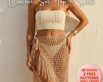 Ensemble au crochet, top jupe, cache-couche de plage sans bretelles PDF (XXS-4XL)