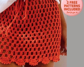 Mini-jupe en maille au crochet, modèle PDF, jupe de plage, jupe d'été au crochet, adaptée aux débutants, XXS-3XL, cordon de serrage à la taille,
