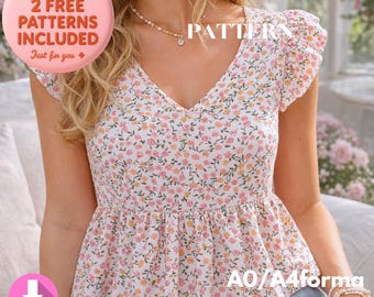 Patron de couture pour chemisier à basque, haut à col en V et manches flottantes (téléchargement numérique)