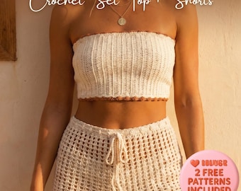 Patron d'ensemble haut et short au crochet, tenue d'été côtelée sans bretelles (téléchargement PDF)