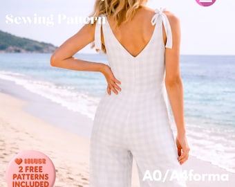 Patron de couture combinaison jambe large, barboteuse à col en V et bretelles à nouer (téléchargement numérique)